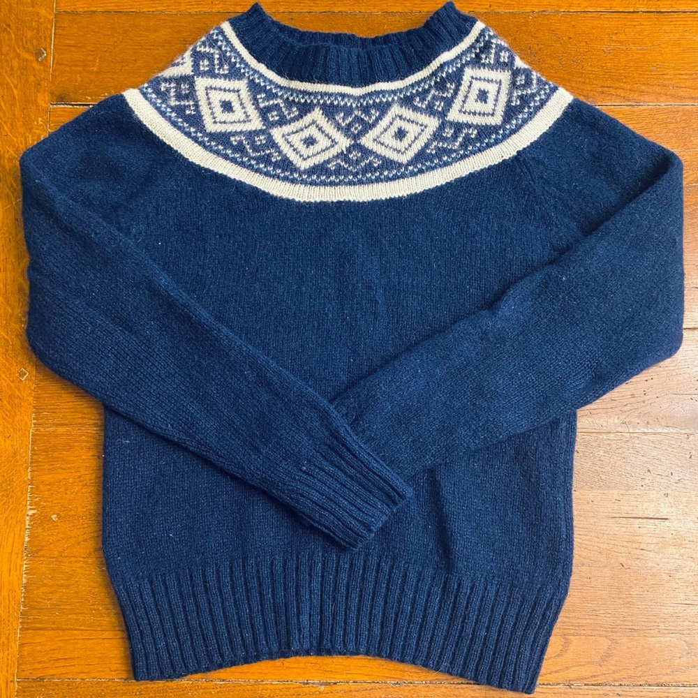 Shetlander Crazy Horse 100% Shetland Wool Navy Blue White Fair Isle Sweater XS